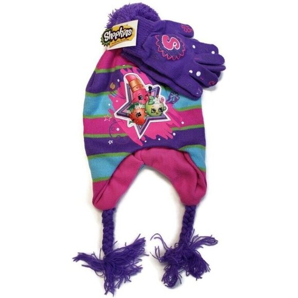 Shopkins Girls Purple & Pink Striped Scandinavian Hat and Gloves One Size Gift - Picture 2 of 6